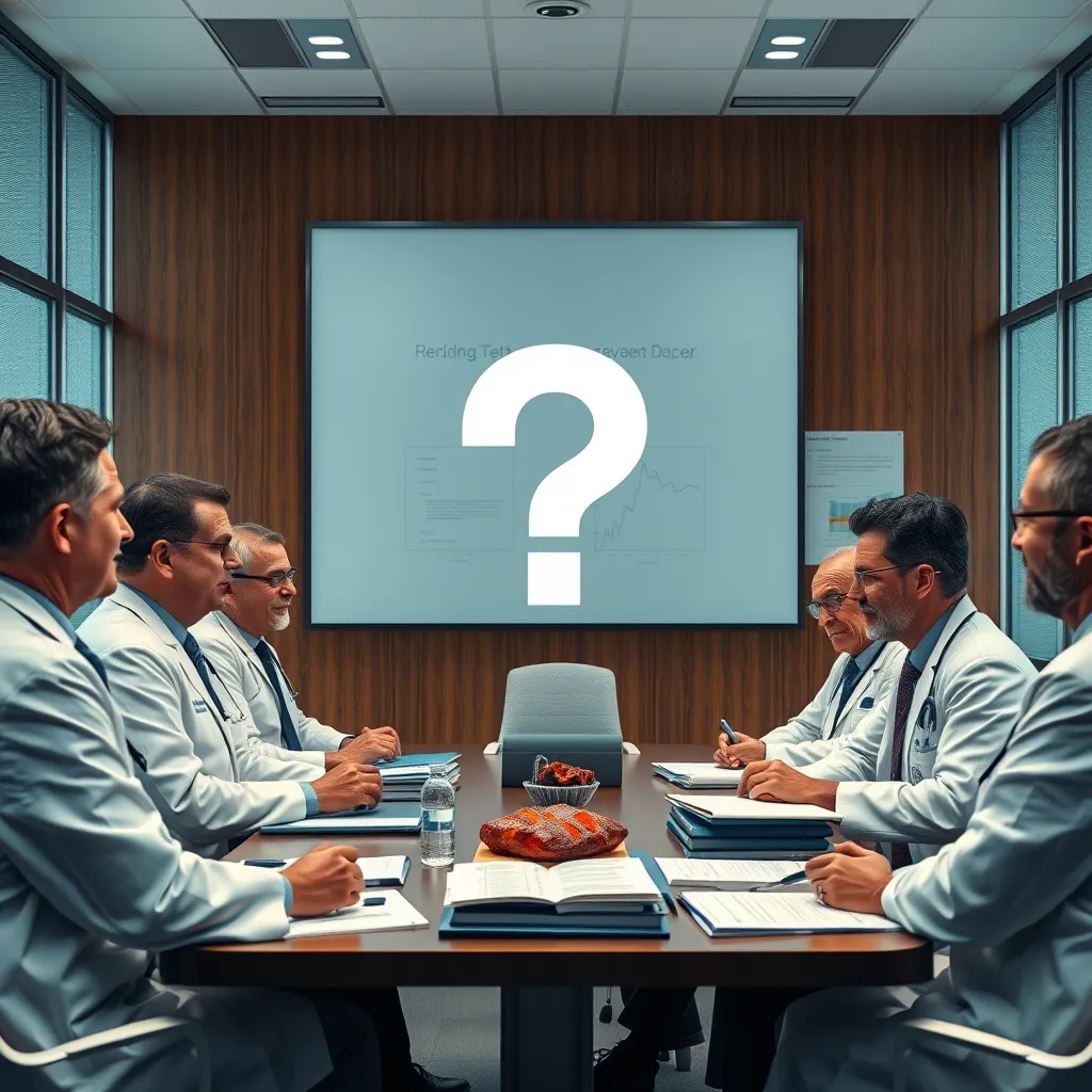A group of doctors in a conference room, discussing a research paper on the carnivore diet. They are surrounded by medical textbooks and charts, but there is a large question mark over their heads, signifying uncertainty and a lack of conclusive evidence.