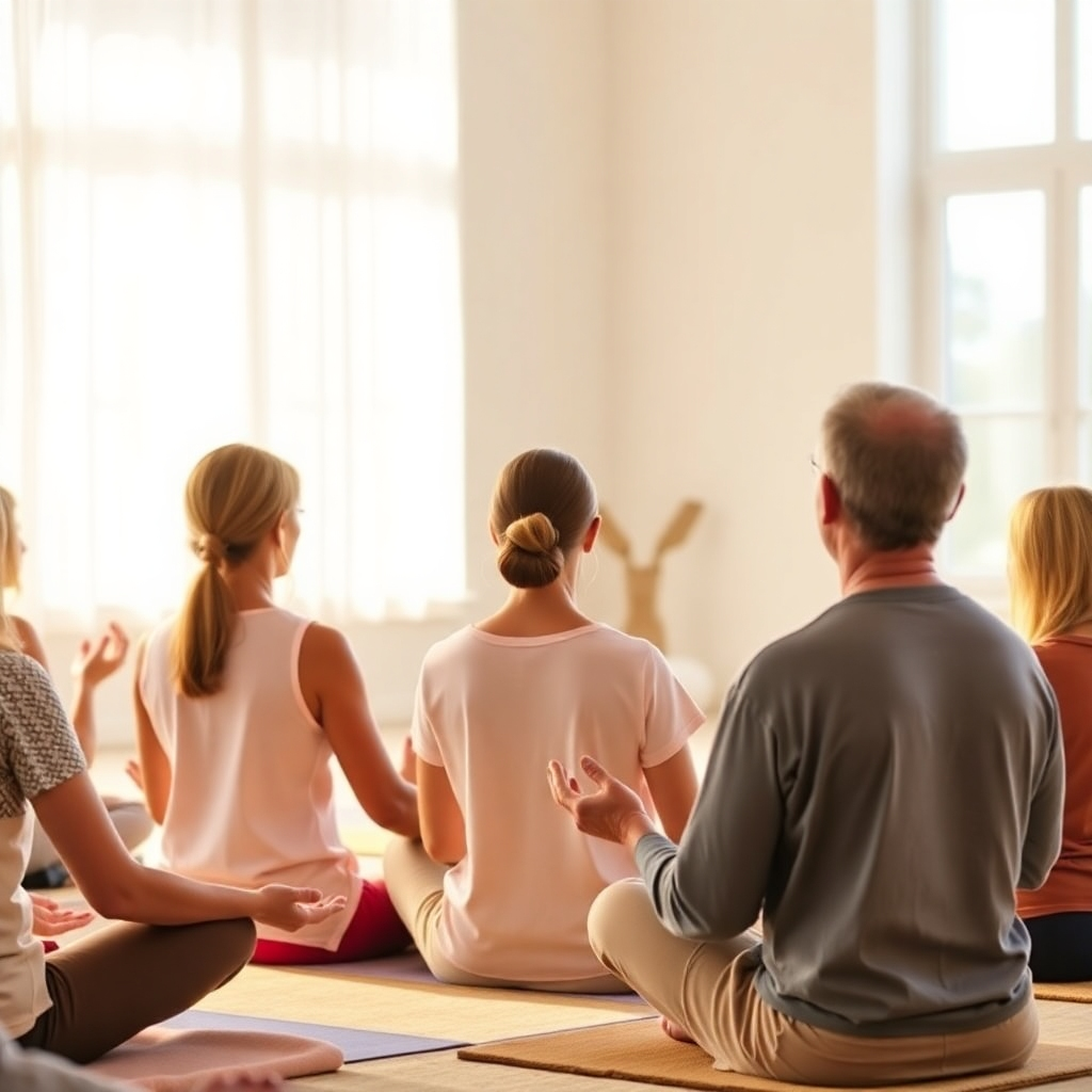 A group of people meditating together in a peaceful setting. The instructor is leading the meditation with a calm and soothing voice. Soft light filters through the windows. Color palette: warm and inviting colors. Style: community, peaceful. Technical specs: 4K, high quality.