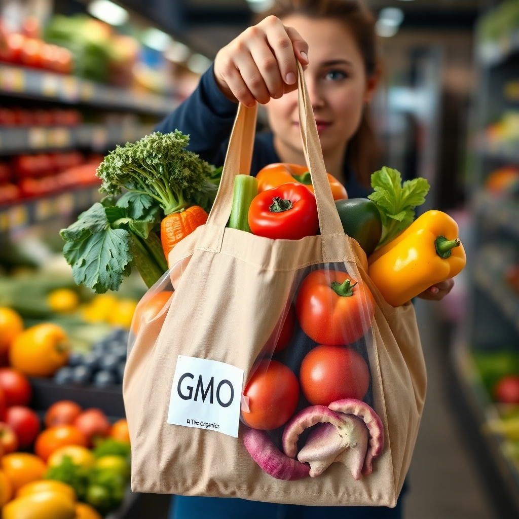 A hand holding a grocery bag with a diverse mix of fresh produce, including both organic and non-organic options. The bag should have a transparent window revealing the GMO-labeled produce. The image should depict a concerned expression on the person's face, representing the importance of informed choices in the grocery store.