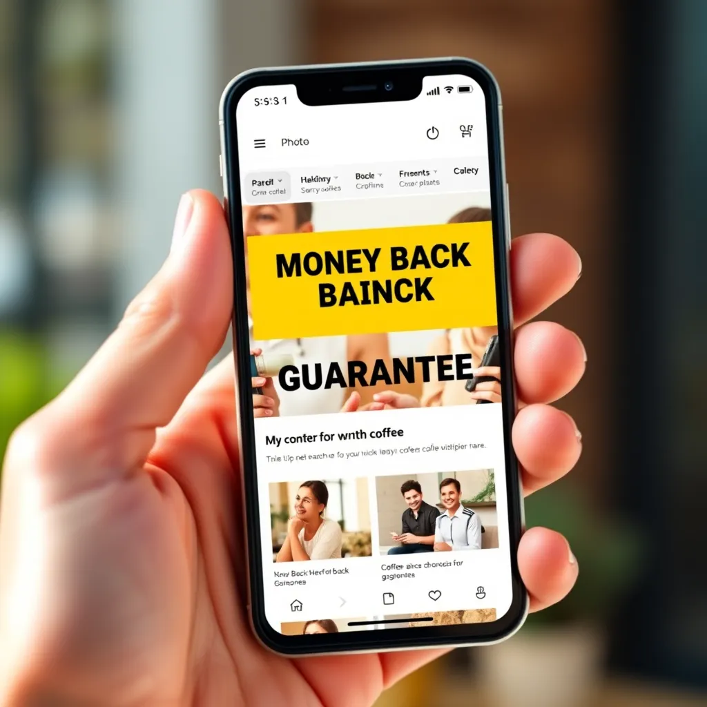 A hand holding a smartphone displaying a website with a large 'Money Back Guarantee' banner. The website background features images of people looking happy and healthy, enjoying coffee. The image should have a bright and inviting color palette.