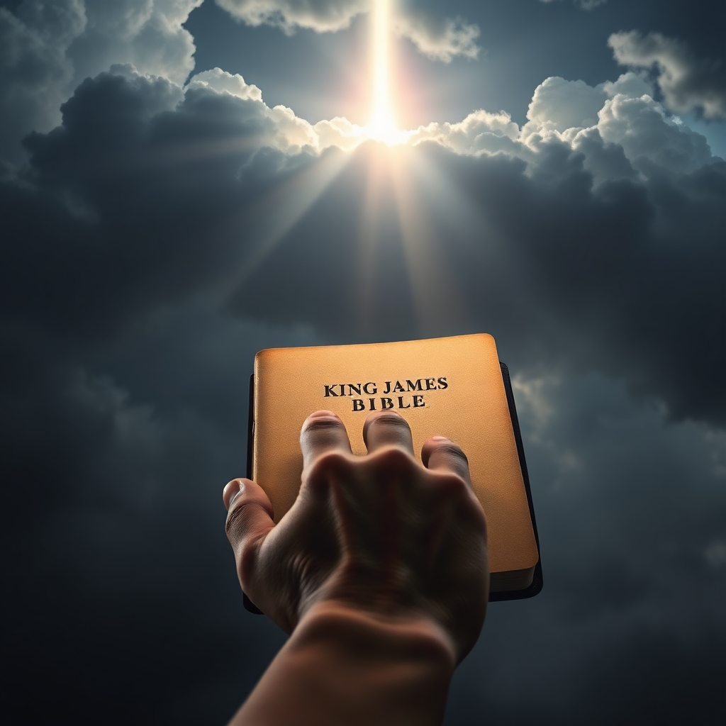 A hand reaches out to grasp a King James Bible during a stormy night. A beam of light pierces through the clouds, illuminating the Bible and symbolizing hope amidst darkness. Style: Dramatic, symbolic, 4K resolution.