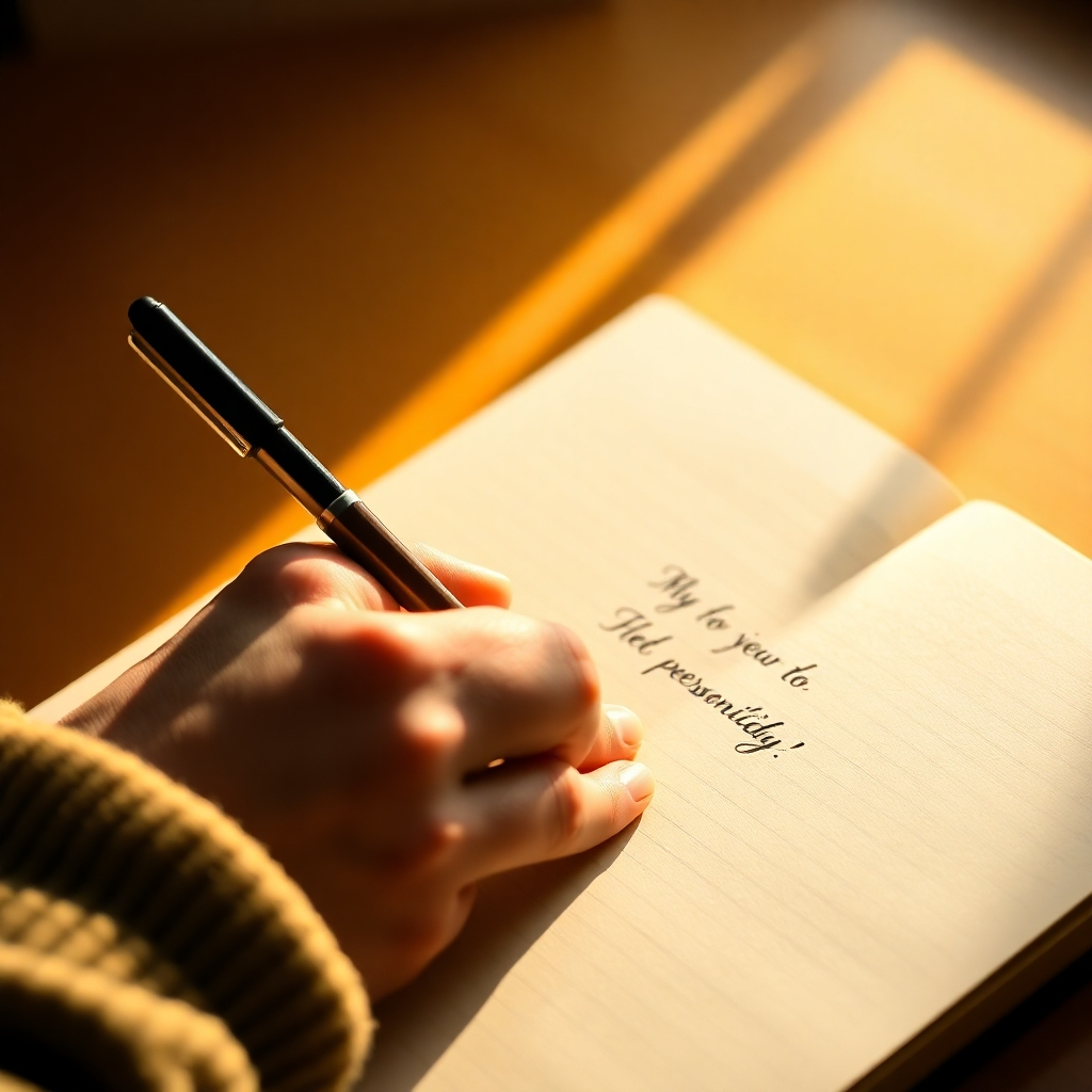 A hand writing personalized affirmations in a journal, bathed in warm, inviting light. Subtle visual cues of sound waves swirling around the pen. Color palette: warm earthy tones. Style: realistic photography. Technical specs: 4K resolution, high detail.