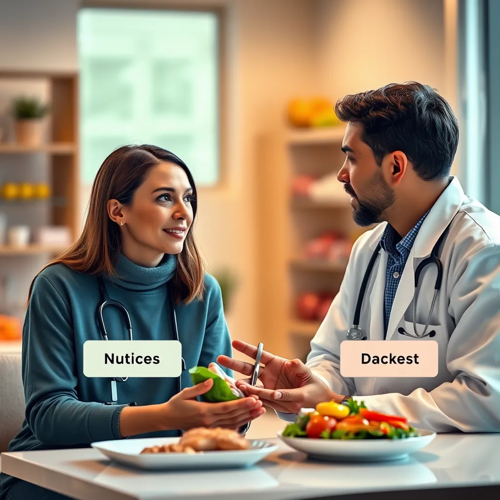 A healthcare professional advising a patient on nutrition plans, with both a vegan diet and a personalized approach highlighted, emphasizing the importance of individual needs