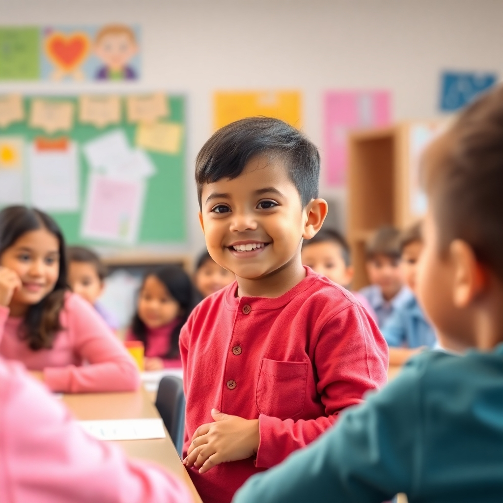 A heartwarming image of a child confidently presenting a project to their class. Soft, supportive sound waves emanate from them, creating a calming atmosphere. The child is smiling and making eye contact with the audience. The classroom is bright and welcoming.