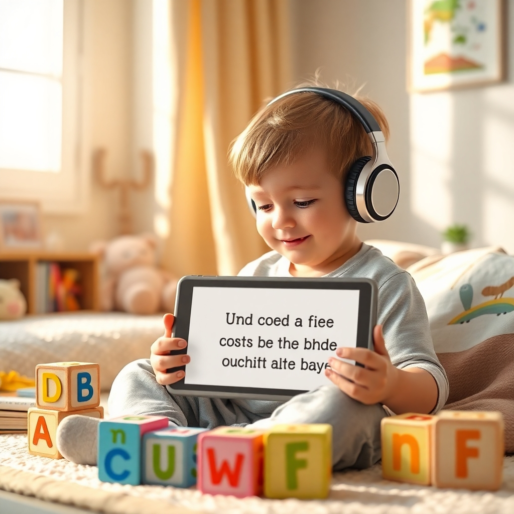 A heartwarming, photorealistic header image showcasing a young child (age 5-7) sitting comfortably in a cozy, sunlit room, surrounded by colorful alphabet blocks and engaging picture books. The child is wearing headphones and has a peaceful, focused expression while looking at a tablet displaying CVC words with gentle, encouraging affirmations. The room is decorated with soft pastel colors and includes elements like a plush toy and a small plant. Golden sunlight streams in through a window, creating a warm and inviting atmosphere. The camera angle is slightly low, emphasizing the child's engagement and confidence. The texture details are hyperrealistic, highlighting the soft fabric of the child's clothing, the smooth surface of the tablet, and the intricate patterns of the alphabet blocks. In the background, subtly visualize sound waves emanating from the headphones, representing the calming 777Hz frequency music. Style: blends a cozy, domestic setting with elements of mindful learning. Technical specs: 8K resolution, hyperrealistic rendering, soft focus background.