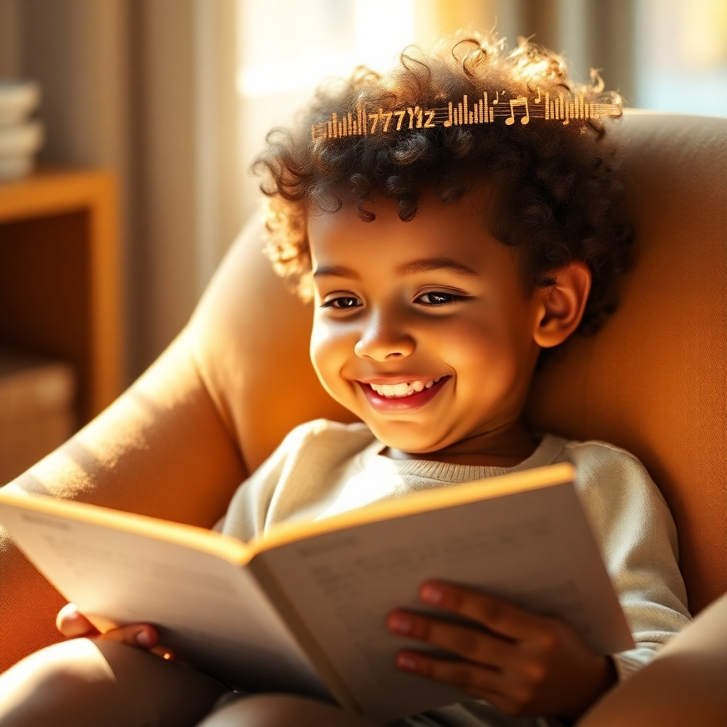  A heartwarming, photorealistic image of a child smiling confidently while reading a book. The child is sitting in a comfortable chair in a cozy, sunlit room. The book is open, displaying clear and engaging text. Soft, golden light illuminates the child's face, highlighting their positive expression. Subtle visual representations of sound waves emanate from the book, symbolizing the calming effect of affirmations and 777Hz music. The background is blurred, focusing attention on the child's expression and the book. Style: blends a realistic representation with a warm and inviting atmosphere. Technical specs: 4K resolution, high-quality rendering, soft and golden lighting.