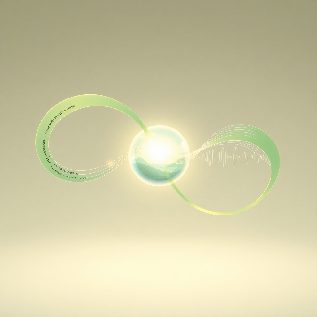 A high-quality, 4K resolution image illustrating the core concept of 'Positive Affirmations Frequency'. The scene should depict three interwoven strands representing the three key components: Personalized Affirmations (visualized as text gently weaving through the scene), Mental Imagery (represented by a vibrant, dreamlike landscape), and Targeted Frequencies (shown as subtle, pulsating light waves). The strands converge into a central point of calm and clarity, represented by a clear, radiant orb. The background is soft and neutral, allowing the elements to stand out. The overall feeling should be harmonious and empowering. Style: A blend of photorealism and abstract representation. Color palette: Calming blues, greens, and golds. Camera angle: A medium shot, focusing on the convergence point.