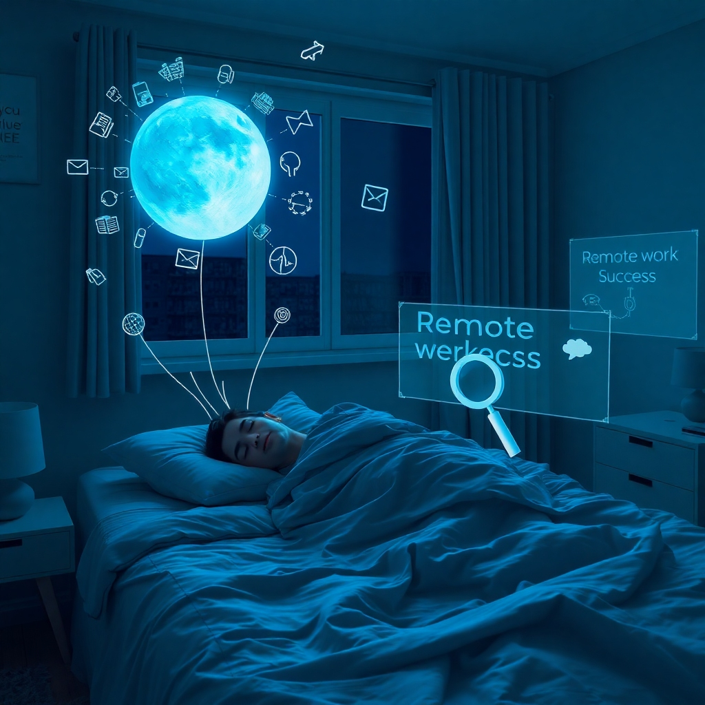 A hyperrealistic 8K image depicting a serene bedroom scene at night. A person is sleeping peacefully in a comfortable bed, bathed in the soft glow of moonlight filtering through the window. Subtle brainwave patterns visually emanate from their head, swirling and transforming into icons representing tech skills (code snippets, network diagrams), communication symbols (speech bubbles, email icons), and focused concentration (a magnifying glass over a complex circuit board). The room is decorated with minimalist, modern furniture and calming colors (blues, greens, and grays). In the background, a faint holographic projection displays affirmations related to remote work success. The camera angle is a slightly elevated perspective, capturing the entire scene with a focus on the sleeping person and the emanating brainwave patterns. Style reference: Blending the realism of contemporary photography with subtle science fiction elements.