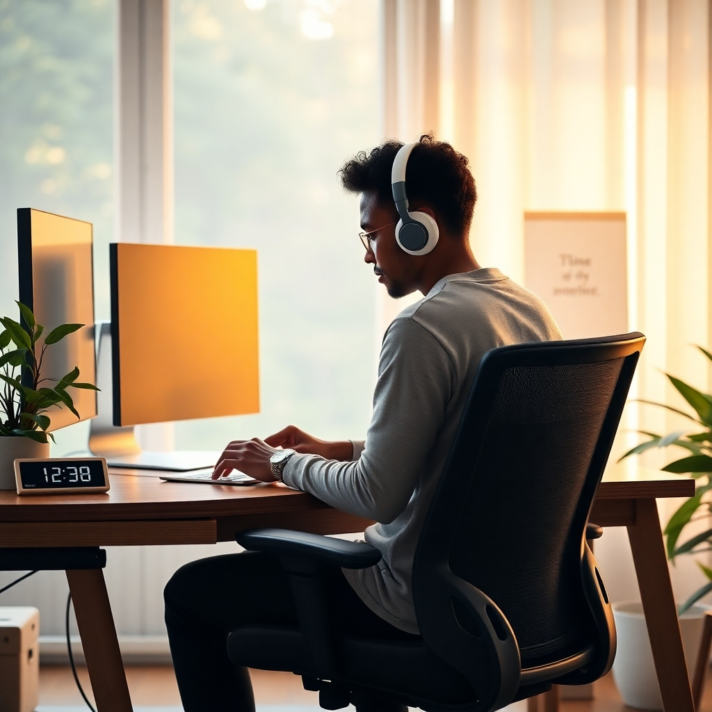 A hyperrealistic 8K photograph showcasing a serene home office environment bathed in soft, warm morning light. The scene centers around a diverse individual working comfortably at a minimalist desk, surrounded by subtle cues of productivity and well-being: noise-canceling headphones, a sleek digital timer displaying a focus interval, a vibrant plant, and a framed affirmation card. The background subtly blends the interior space with a blurred view of a lush garden. The image should evoke feelings of calm focus, efficient workflow, and harmonious integration of work and personal life. Capture the textures of the wooden desk, the soft glow of the monitor, and the detailed stitching of the ergonomic chair. The camera angle is slightly low, creating a sense of empowerment and control. Inspired by the aesthetic of Scandinavian design and mindful minimalism. Style references: productivity blogs and lifestyle photography.