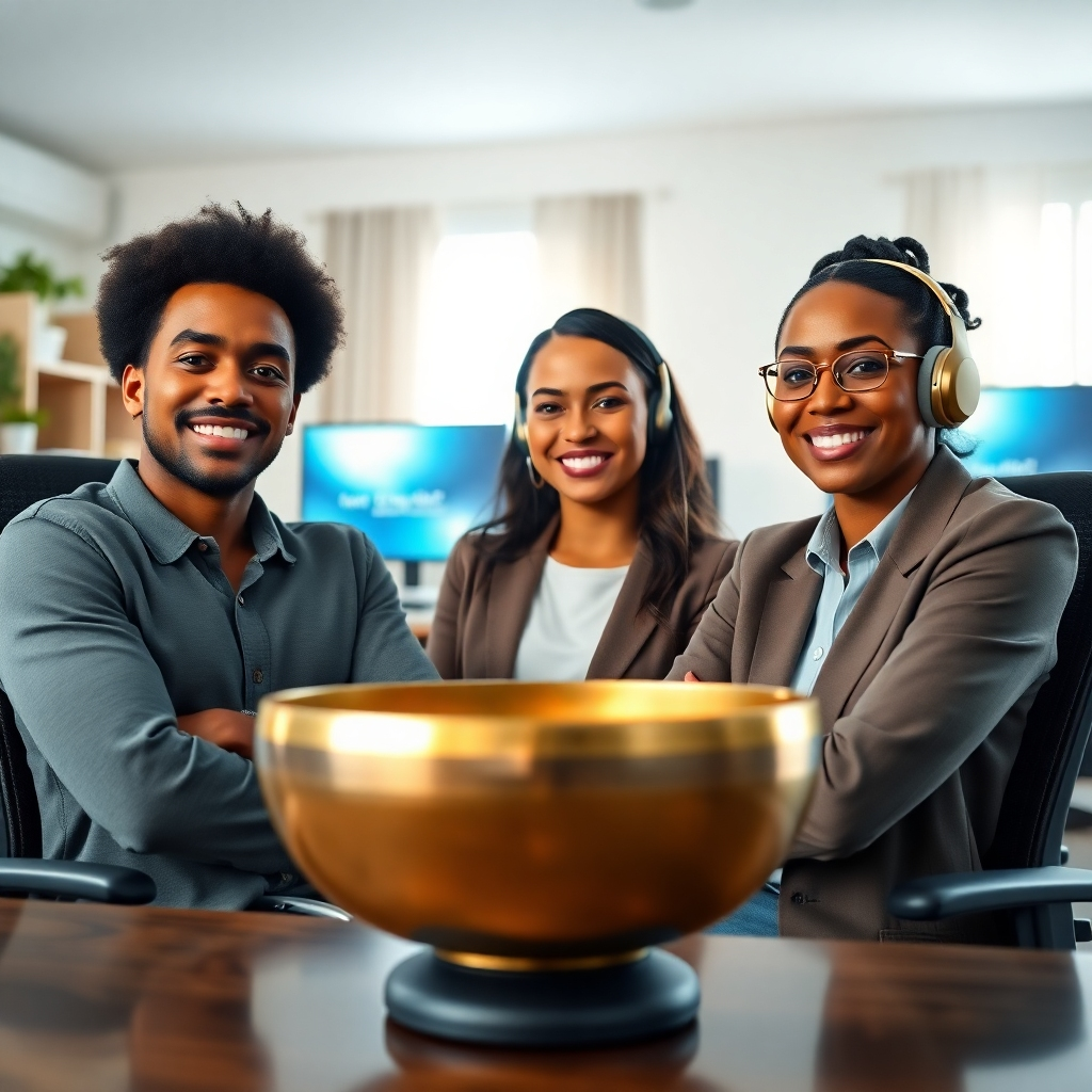 A hyperrealistic, 8K resolution image depicting a diverse group of professionals confidently participating in a virtual meeting. Each individual is radiating a calm and positive energy. Subtle sound waves emanate from a singing bowl placed in the foreground, creating a sense of tranquility and focus. The background shows a modern, well-lit home office setting, complete with ergonomic chairs and organized desks. The lighting is soft and diffused, highlighting the subjects' expressions of self-assurance and clarity. The color palette incorporates calming blues, greens, and warm golds to evoke feelings of peace and empowerment. A close-up of one participant shows them wearing noise-canceling headphones, completely absorbed in the virtual interaction. The image should emulate the style of a high-end stock photo, emphasizing genuine connection and professional poise in a remote work environment. Consider adding subtle hints of affirmation quotes subtly overlaid on the background screens, barely visible. The camera angle should be slightly low, making the subjects appear empowered and confident. Texture details should be ultra-realistic, capturing fine details of skin, clothing, and office equipment.