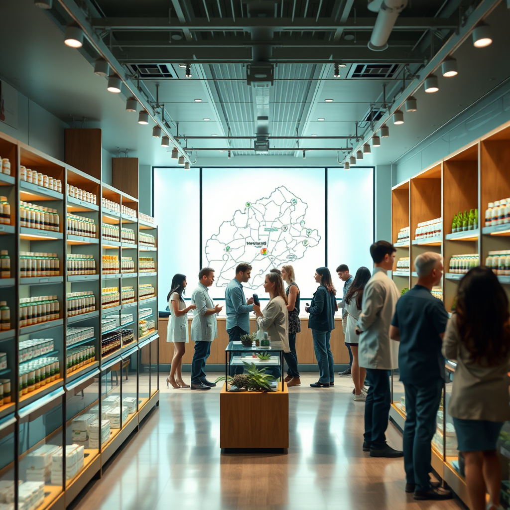 A hyperrealistic, 8K resolution image depicting the Norfolk City Cannabis Hub in 2025. The scene should be a modern, welcoming dispensary interior. Soft, diffused lighting illuminates shelves stocked with neatly packaged cannabis products. Focus on a diverse group of patients interacting with friendly and knowledgeable staff. Include subtle visual cues representing medical benefits and legal compliance. In the background, a stylized map of Norfolk subtly highlights the dispensary's central location. The overall color palette should be calming greens, blues, and earthy tones. Camera angle: A wide, inviting shot capturing the entire scene. Consider adding subtle bokeh effects to enhance depth of field. Style reference: Blend modern pharmacy aesthetics with natural, organic elements.