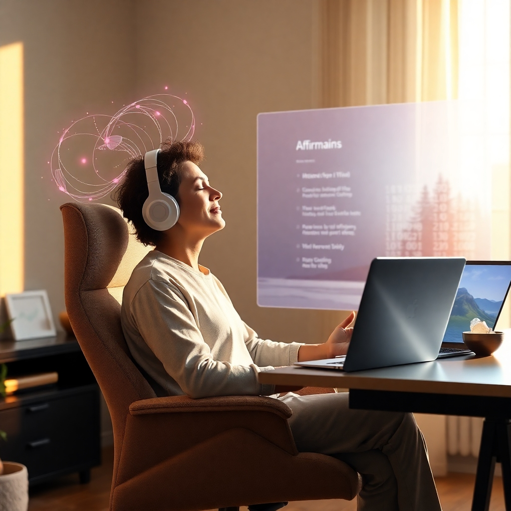 A hyperrealistic, 8K resolution image depicting a serene home office bathed in soft, golden light. A person is meditating comfortably in an ergonomic chair, eyes closed, with gentle sound waves emanating from noise-canceling headphones. Subtle visualizations of binary code intertwine with ethereal, colorful energy flows around the person’s head. A holographic display in the background shows affirmations subtly overlaid on a calming nature scene, like a forest or beach. The desk contains a sleek laptop, a sound bowl, and crystals. The overall mood is calm, focused, and productive, radiating confidence and mental clarity. Style: Modern, minimalist, and slightly surreal, emphasizing the blending of technology and mindfulness. Camera angle: slightly low, looking up at the subject to convey a sense of empowerment. Textures should be rich and detailed, from the fabric of the chair to the reflections on the laptop screen.