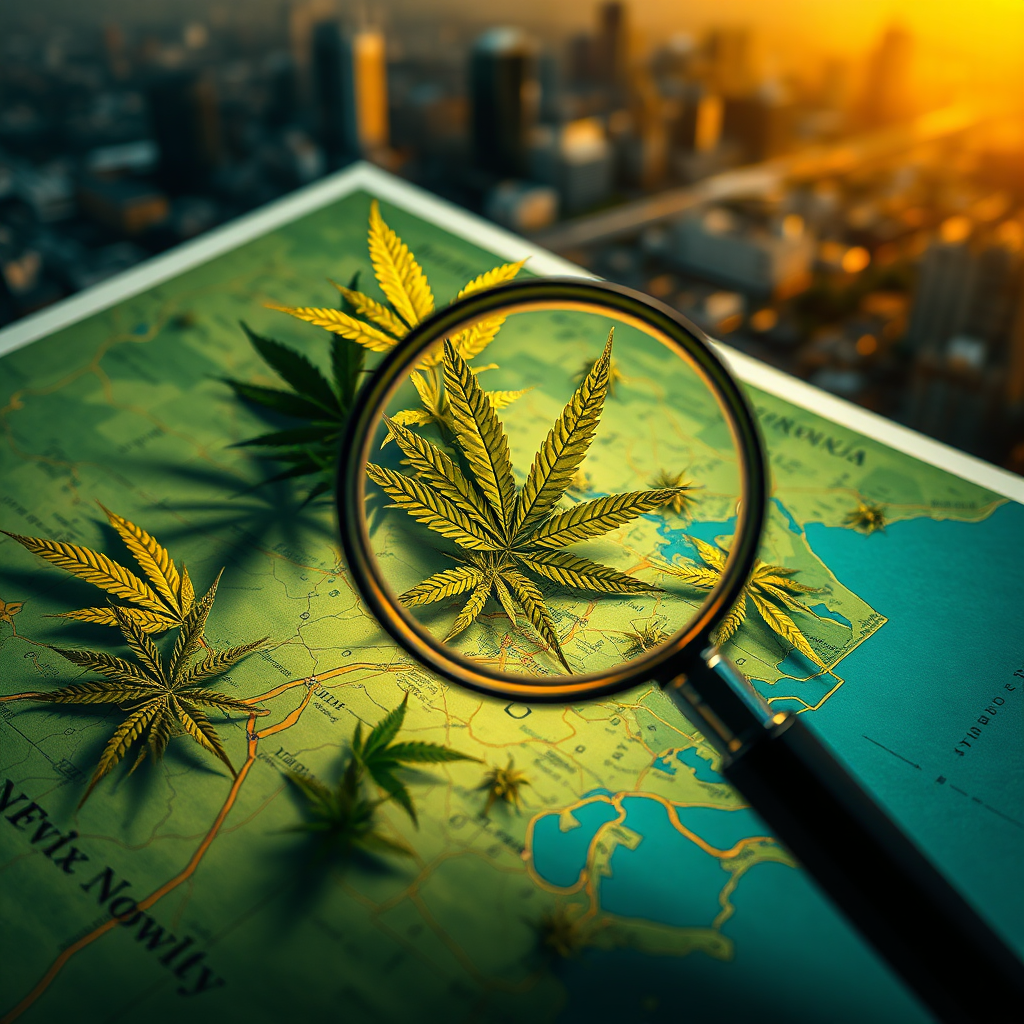 A hyperrealistic, 8K resolution photograph of a stylized map of Norfolk City, Virginia. Overlaid on the map are cannabis leaves, some brightly illuminated, others subtly shadowed, symbolizing the legal complexities. A magnifying glass focuses on a specific area, highlighting the nuances of the local cannabis laws. The lighting is dramatic, with a chiaroscuro effect, emphasizing the contrast between legal and restricted aspects. The color palette is primarily green and gold, with hints of red to signify restrictions. The camera angle is a high-angle shot, providing a comprehensive view of the map. Textural details should include the crispness of the map paper and the intricate veins of the cannabis leaves. In the background, a blurred cityscape of Norfolk adds context. Style references include elements of cartography and photorealism, creating a sophisticated and informative visual that perfectly represents the business's mission.