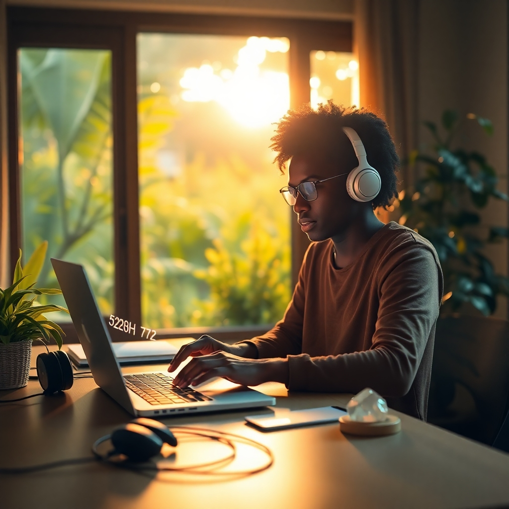 A hyperrealistic, 8K resolution image depicting a serene home office setup bathed in warm, golden light. A diverse individual is shown working on a laptop, with subtle visual affirmations subtly overlaid on the screen – positive words glowing softly. 528Hz and 777Hz frequencies are visualized as gentle, flowing waves of light emanating from the laptop. In the background, a lush, vibrant garden is visible through a large window, symbolizing growth and abundance. The composition should be balanced and harmonious, with a focus on creating a sense of calm focus and empowered productivity. Use a shallow depth of field to blur the background and emphasize the foreground subject. The color palette should consist of warm, earthy tones, accented by the vibrant greens of the garden and the soft, glowing colors of the affirmations and frequencies. The style should evoke a sense of mindful technology and harmonious well-being. Props include noise-canceling headphones, a minimalist desk setup, and a crystal or small plant.