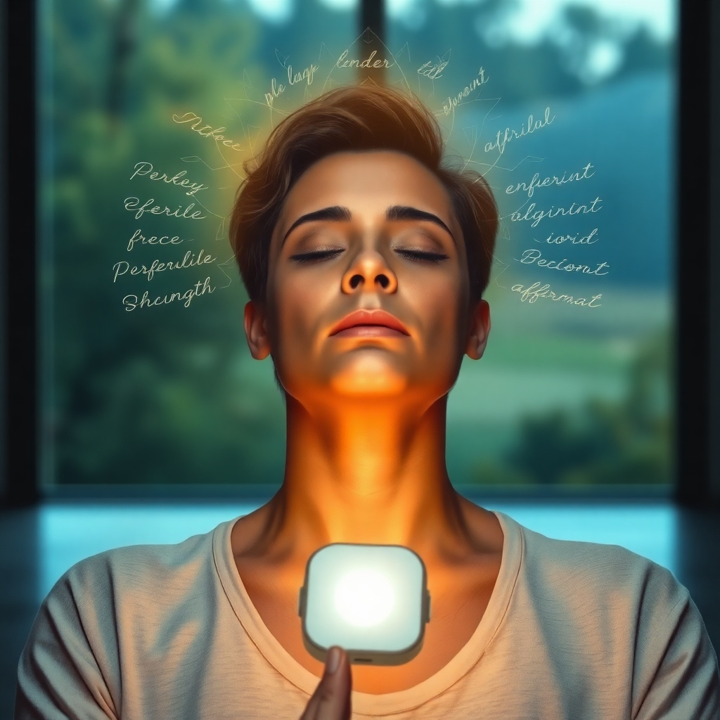 A hyperrealistic, 8K resolution image showcasing a person experiencing a moment of serene calm. The subject is in a meditative pose, bathed in soft, golden light emanating from a frequency emitting device subtly placed nearby. Mental imagery is visualized as gentle, flowing energy patterns around the subject's head. The background is a blurred, tranquil nature scene with calming colors – blues, greens, and soft browns. The overall feeling should be one of peace, control, and empowerment. Include subtle visual cues representing personalized affirmations, such as faint script overlaying the energy patterns. The camera angle is a slightly low angle, emphasizing the subject's strength and calmness. Texture details should highlight the subject's relaxed facial expression and the smooth, modern design of the frequency device. Style: Blend of photorealism and subtle surrealism. Environment: A blend of a modern, minimalist interior and the tranquility of nature.