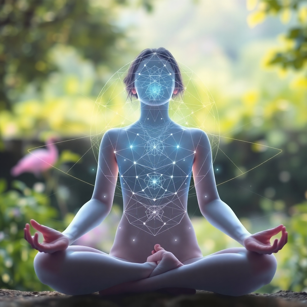 A hyperrealistic, 8K resolution image depicting a serene individual meditating. The subject is bathed in gentle, ethereal light emanating from subtle geometric patterns overlayed onto their body, visualizing resonant frequencies. The background features a blurred, lush natural environment suggesting connection with the earth. Colors are soft, pastel hues with an emphasis on calming blues, greens, and purples. The camera angle is a slightly low, wide shot, emphasizing the subject's tranquility and connection to both technology and nature. Include subtle visual cues representing ancient symbols blended seamlessly into the modern technological elements. The overall style is a blend of spiritual serenity and technological innovation, inspired by the artwork of Alex Grey and futuristic design principles.