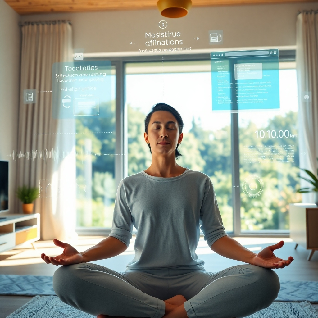 A hyperrealistic 8K resolution image depicting a serene individual meditating in a modern, sunlit home office. The person is surrounded by holographic projections of positive affirmations, sound wave visualizations, and coding interfaces, subtly intertwining to represent subconscious training and remote work skills. The color palette is calming, featuring soft blues, greens, and gold accents. Focus on the person's peaceful yet determined expression. The environment includes sleek, minimalist furniture and a large window overlooking a vibrant, lush landscape. The camera angle is a slightly low angle, making the individual appear empowered. Subtle textures like wood grain, fabric, and the shimmering of holographic projections add depth. The overall style blends modern tech with elements of mindful wellness.