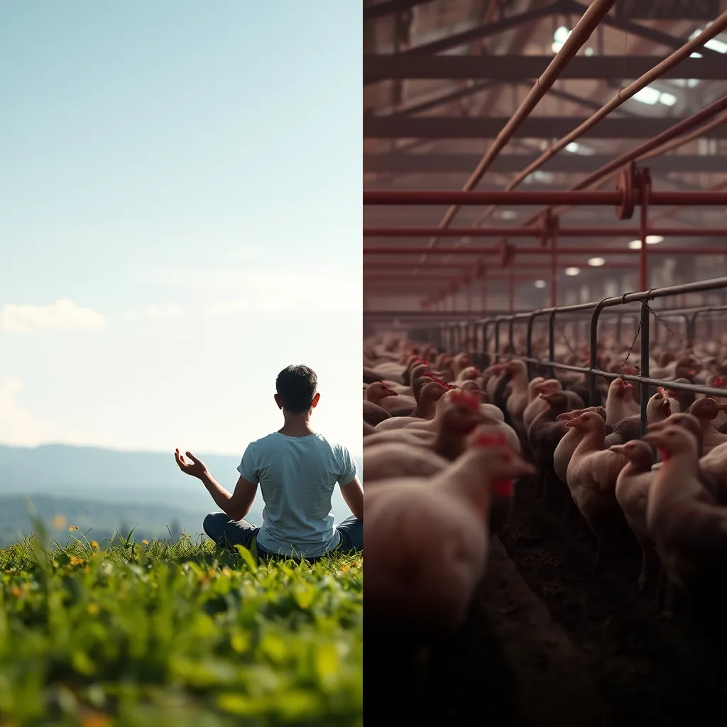 A juxtaposition of two images. On one side, a serene, peaceful scene of a person meditating in nature. On the other side, a graphic, impactful image showcasing factory farm conditions. The two images should be connected by a thin line to represent the ethical dilemma and the connection between spirituality and animal welfare.