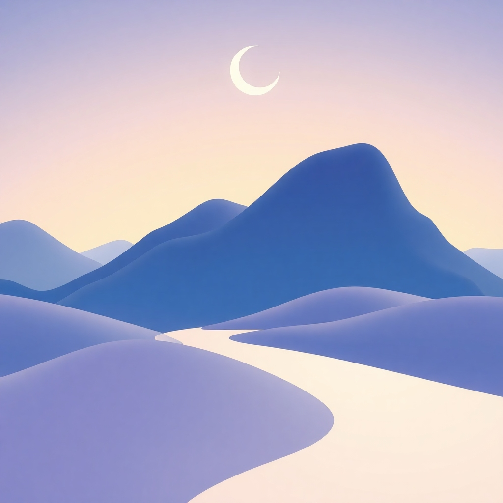 A looping animation showing gentle sound waves emanating from a serene landscape with a crescent moon above. The color palette is soft blues and purples, promoting relaxation. Style: minimalist animation. Technical specs: 1080p, seamless loop.