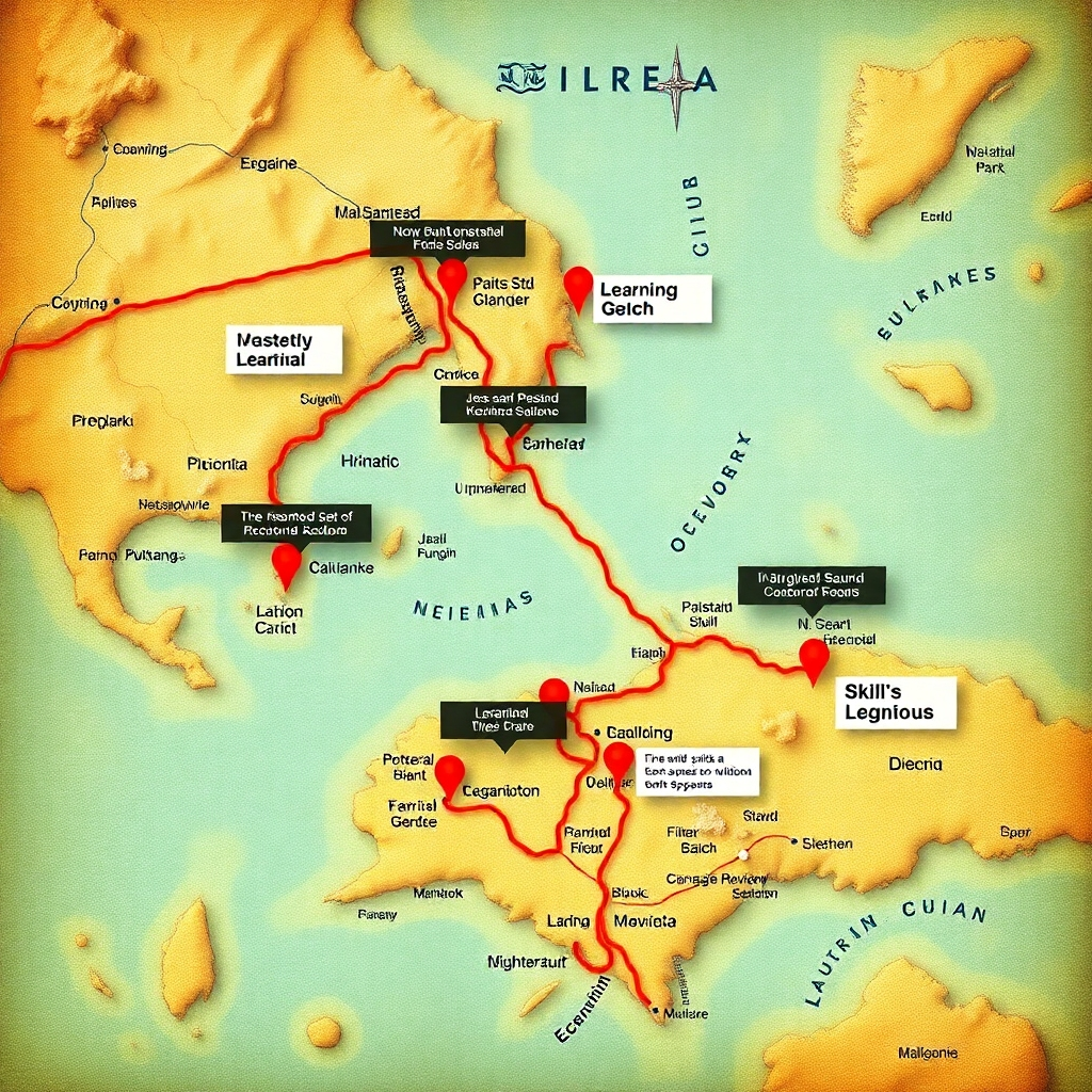 A map with highlighted locations representing different skills and learning resources. The map is colorful and detailed. The style is adventurous and explorative.