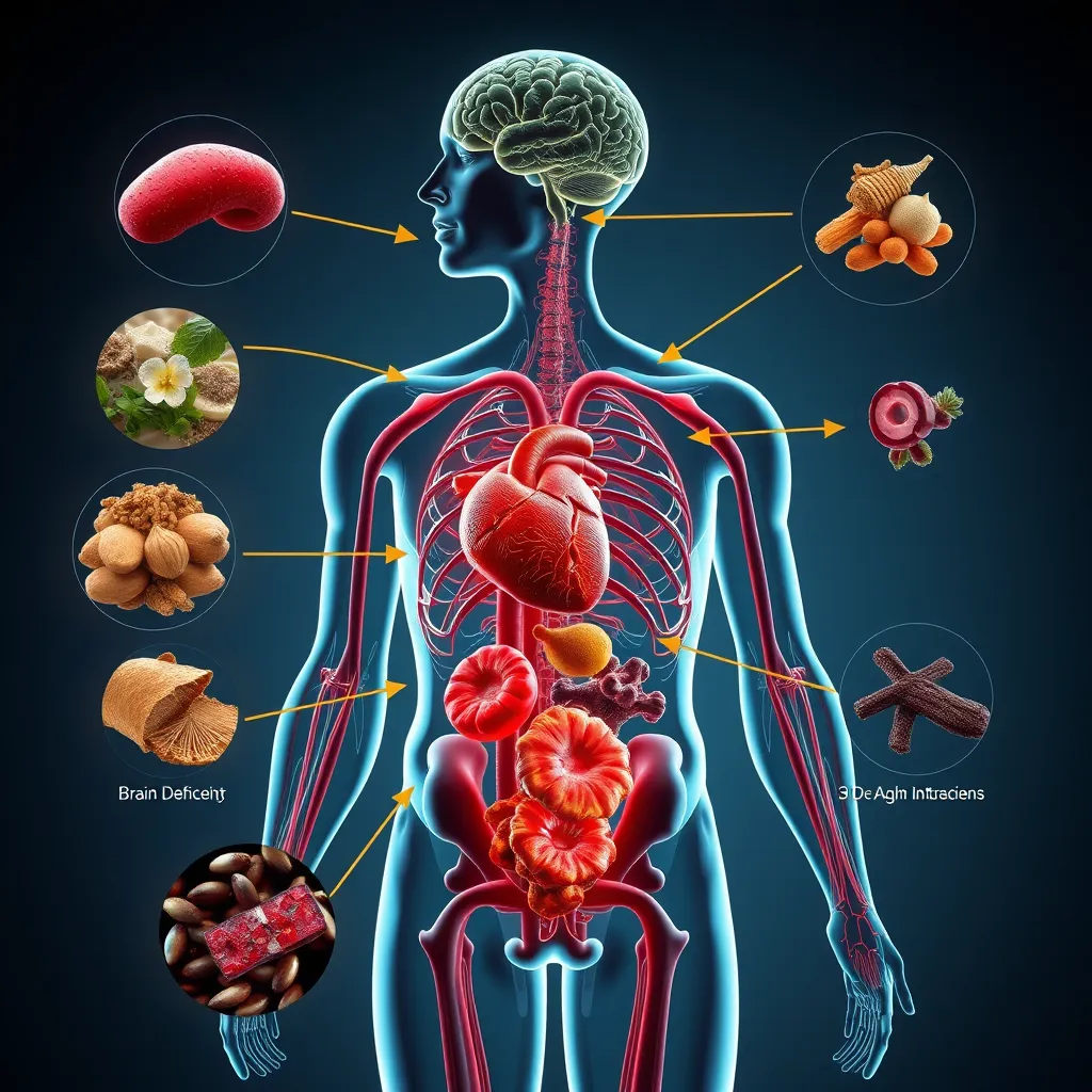 A medical illustration depicting various bodily systems, with arrows highlighting the impact of nutrient deficiencies on different organs, such as the brain, heart, and blood cells. The image should illustrate the interconnectedness of nutrients and overall health.