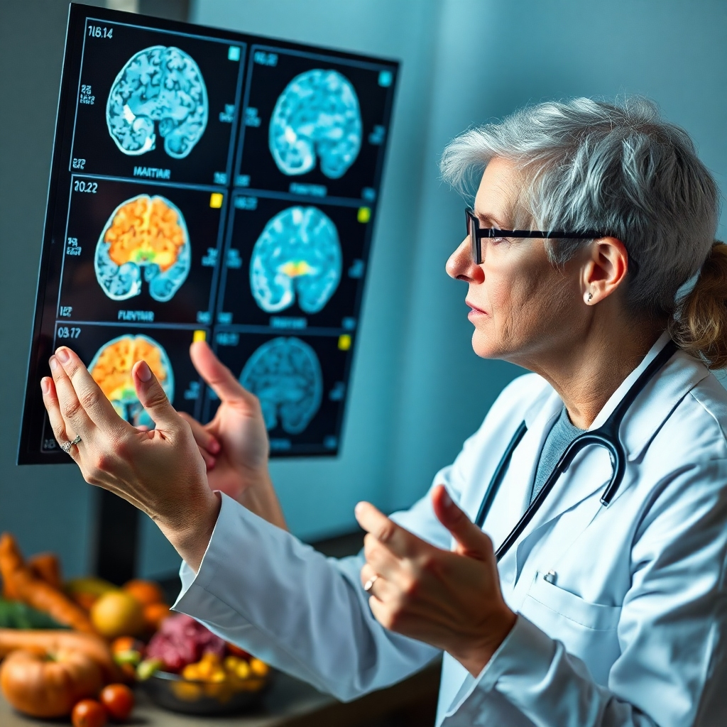 A medical professional examining a brain scan, focusing on areas related to dietary impact. The background subtly incorporates healthy carnivore-based foods. The style aims for a blend of scientific accuracy and approachability, conveying trust and expertise. The lighting is professional and well lit to show detail in the scans.
