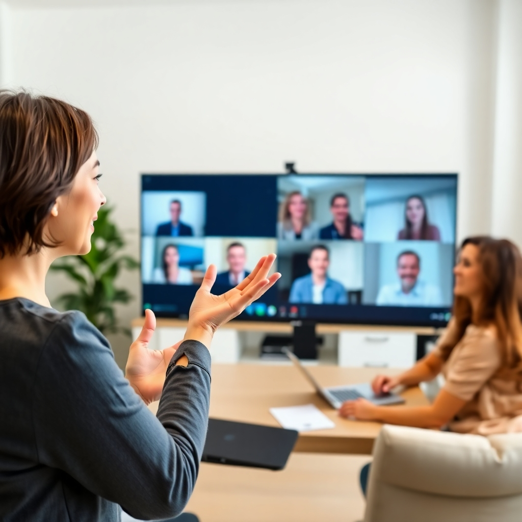 A medium shot showing a woman confidently leading a virtual meeting. She is gesturing enthusiastically. The participants on the screen are engaged and attentive. The background shows a modern, well-equipped home office. The lighting is bright and professional. The style should be photorealistic, capturing the energy and dynamism of the interaction. The color palette should be vibrant and engaging, conveying a sense of collaboration and teamwork. Consider adding subtle visual cues to emphasize the skills being demonstrated, such as active listening icons or presentation slides. The camera angle should be slightly high, offering a clear view of the presenter and her audience. The texture details should be sharp and clear, capturing the expressions and body language of the participants. This image should evoke feelings of confidence, competence, and connection. It should be 4k.