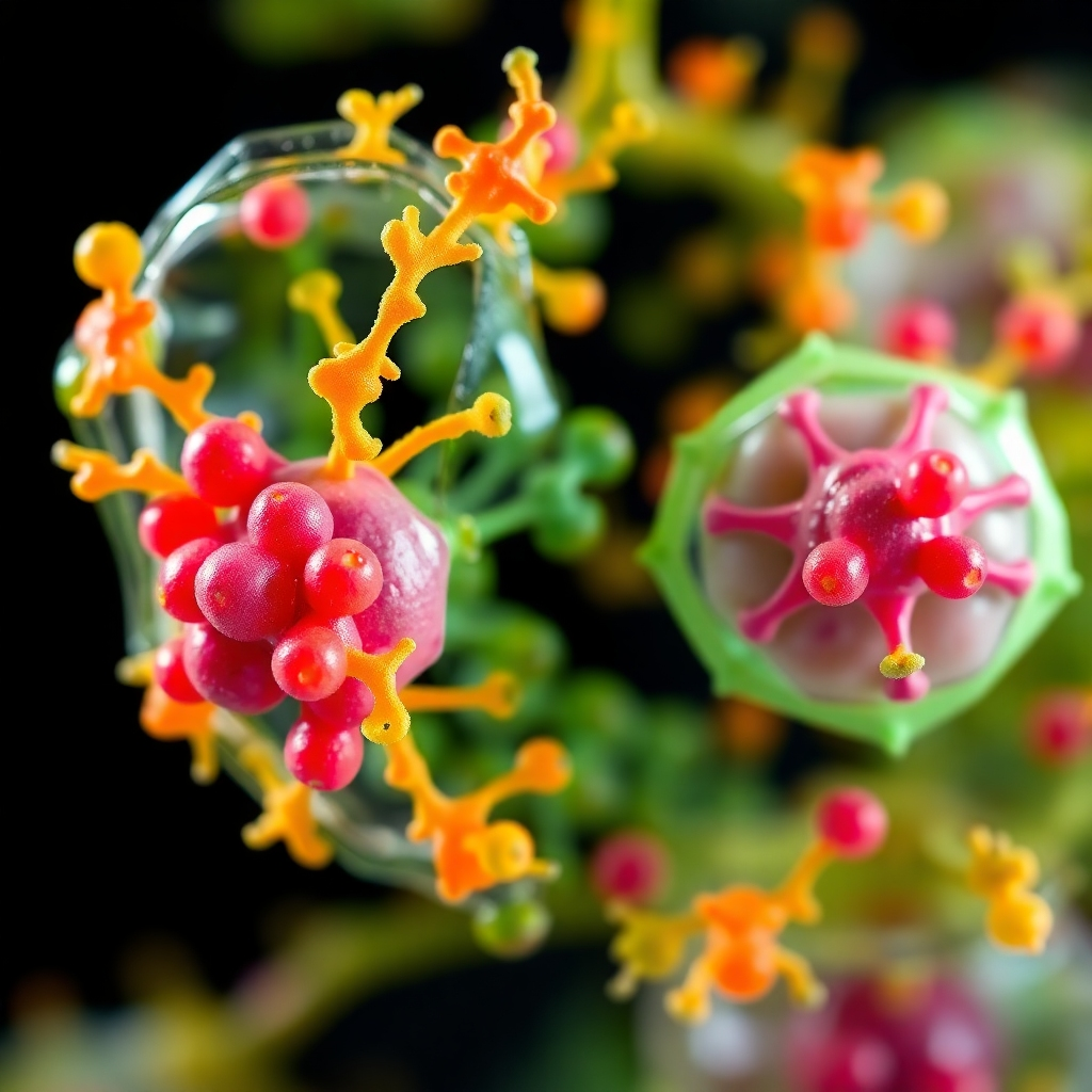 A microscopic, highly detailed image showing the structures of lectins and oxalates within plant cells.  The image should clearly differentiate the two, highlighting their complex molecular structures. Use vibrant, contrasting colors to make the structures easily identifiable. The background should be a dark, contrasting color to make the plant cells stand out.