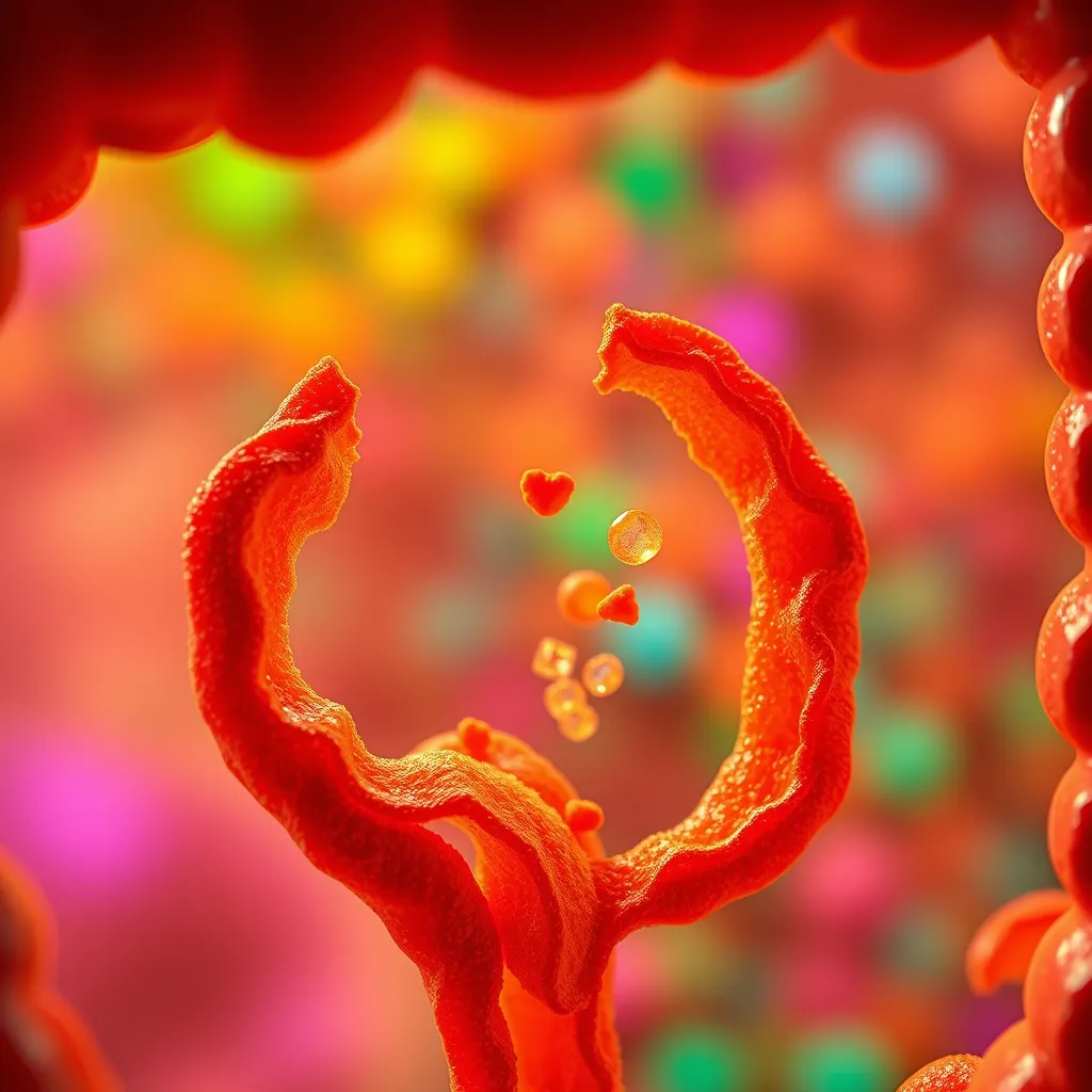 A microscopic close-up of the intestinal lining, showing gaps in the cells (representing a leaky gut) and  toxins and undigested food particles leaking through, with a background of vibrant, colorful intestinal cells.