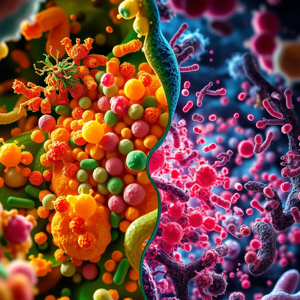 A microscopic image of a healthy gut microbiome with diverse bacteria in harmony, transitioning to a scene of chaos and imbalance with overgrown, harmful bacteria and a reduced diversity due to excessive fiber intake. Use vibrant colors and a dynamic style to depict the shift.