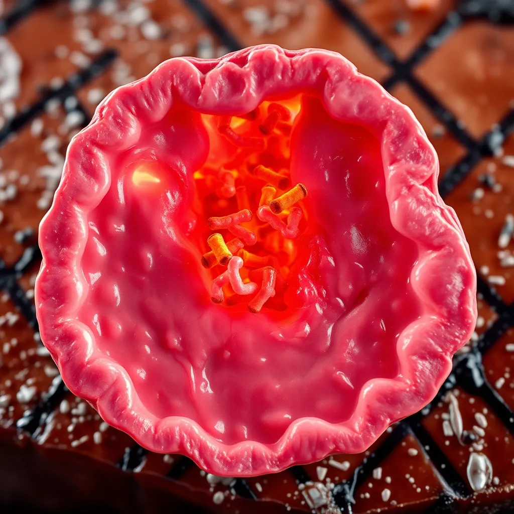 A microscopic image of a healthy gut lining, with vibrant, diverse bacteria and a smooth, intact surface. The image should be positioned against a backdrop of a juicy, grilled steak, representing the source of beneficial nutrients for gut health restoration.