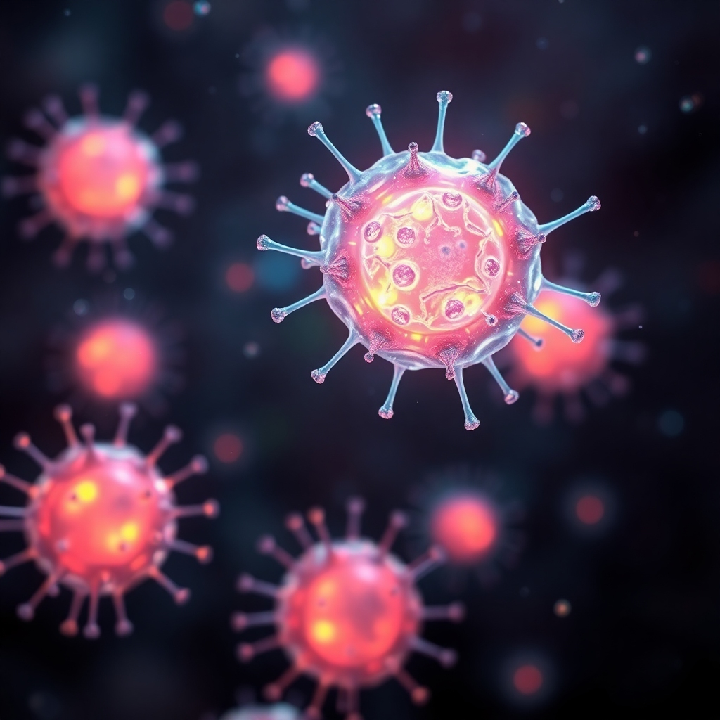A microscopic, photorealistic image of healthy cells vibrating with energy. The cells are glowing with vibrant colors, symbolizing their vitality and healing power. The background is dark and blurred, creating a sense of depth and focus. The style should be scientific and artistic. Consider adding subtle visual effects, such as shimmering particles and light rays, to enhance the energetic quality of the image. Technical specs: High-quality rendering, macro photography.