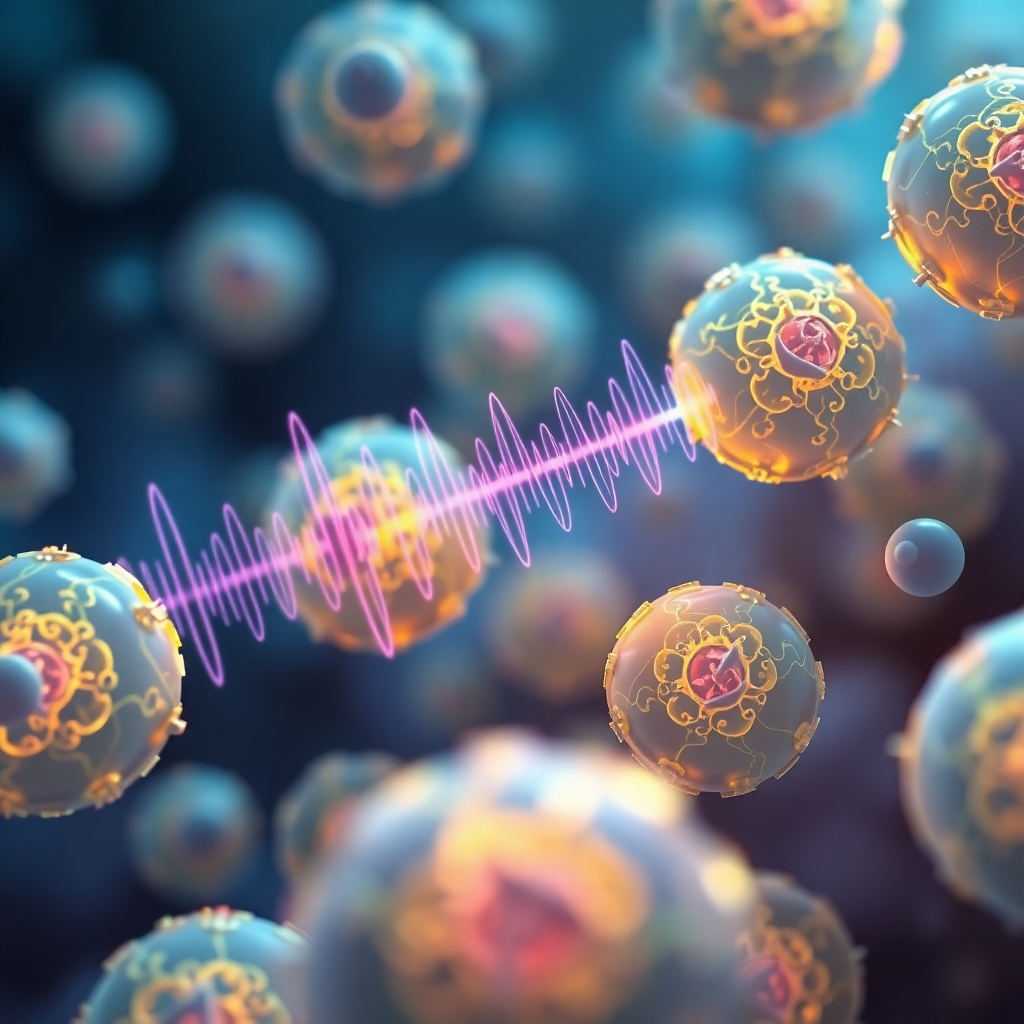 A microscopic, stylized view of cells vibrating in response to sound waves. The cells are depicted as glowing spheres with intricate internal structures. The sound waves are visualized as subtle, pulsing patterns that penetrate the cell membranes. The color palette is primarily blues, greens, and yellows, with subtle hints of pink and purple. The lighting is soft and diffused, creating a sense of energy and vitality. This image should evoke a sense of deep cellular healing and activation.