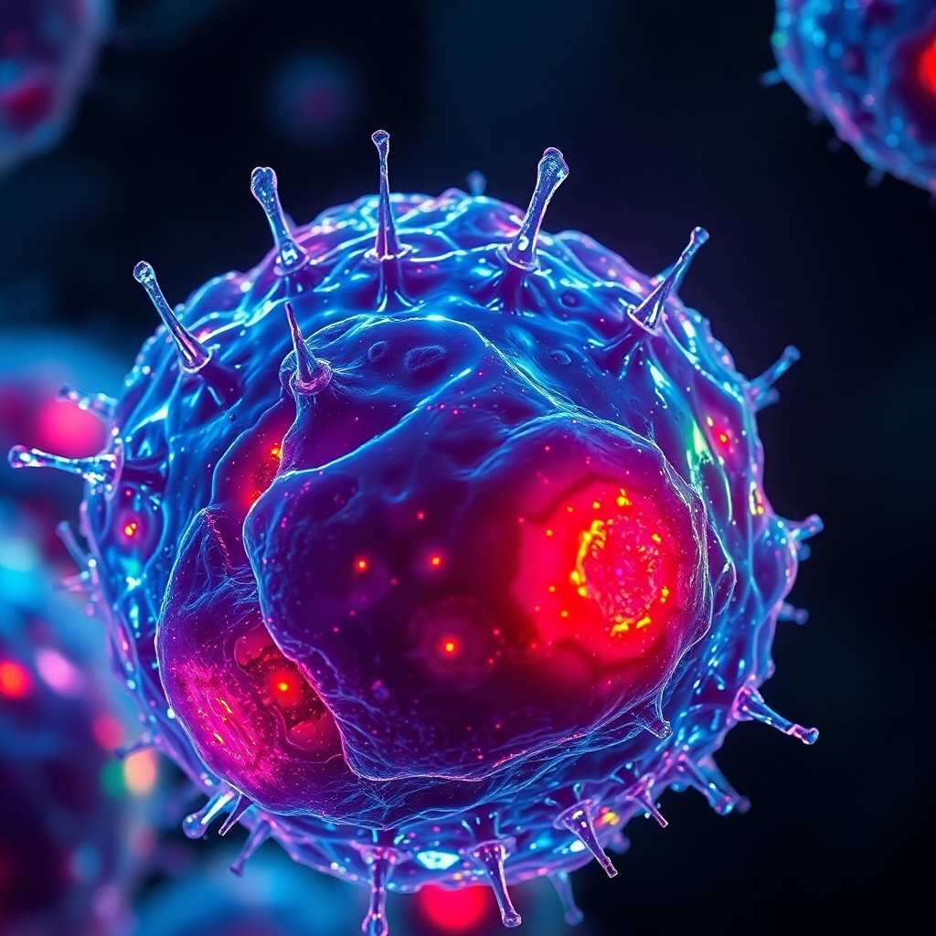 A microscopic view of human cells undergoing regeneration. Damaged cells are being repaired and revitalized by exposure to specific frequencies represented by vibrant light patterns. The background is a dark, fluid-like environment. This image focuses on detail. Capture in 4K resolution with high dynamic range and a dramatic lighting effect.