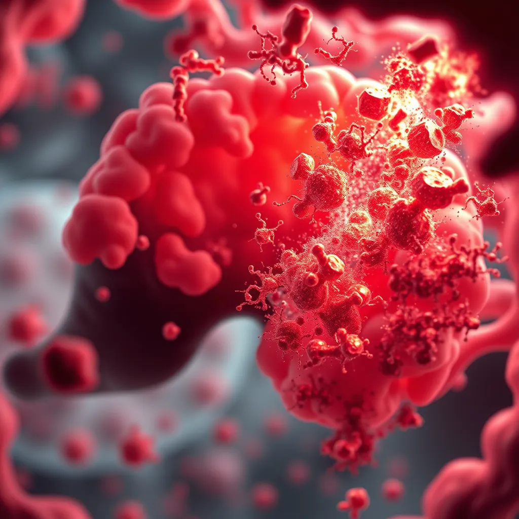 A microscopic view of the gut microbiome showing a healthy balance of bacteria, suddenly disrupted with the introduction of fiber. Depict a shift in the microbial population with an overgrowth of harmful bacteria and a decrease in beneficial bacteria, accompanied by visual elements representing inflammation.