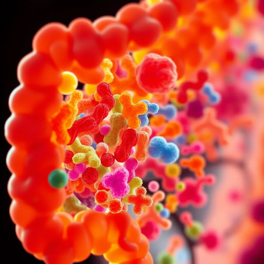 A microscopic view of the human gut, showing a diverse population of bacteria represented by colorful shapes. Some bacteria are vibrant and healthy, while others are distorted and sickly, indicating an imbalance caused by excessive fiber consumption.