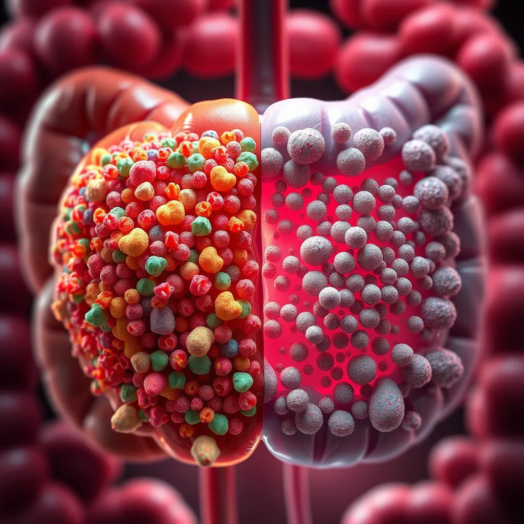 A microscopic view of the human gut, depicting a healthy gut microbiome on one side with diverse, vibrant bacteria. On the other side, a gut microbiome with a limited variety of bacteria, appearing dull and unhealthy. The background should be a detailed representation of the intestinal wall with a focus on the impact on nutrient absorption.