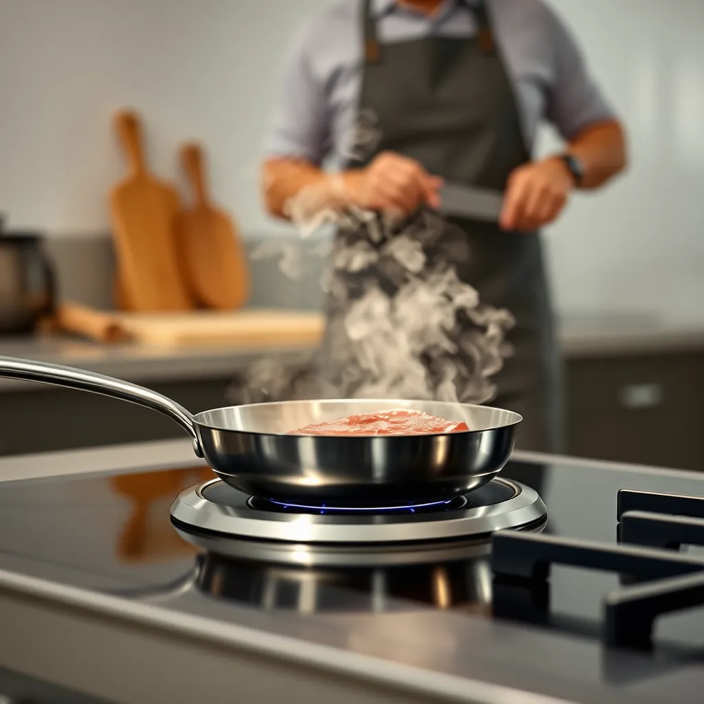 A minimalist kitchen setting with a single, gleaming pan on a stovetop. A piece of beef is sizzling in the pan, releasing savory aromas. In the background, a person is shown preparing the beef, with a simple cutting board and knife, emphasizing the simplicity of the diet.