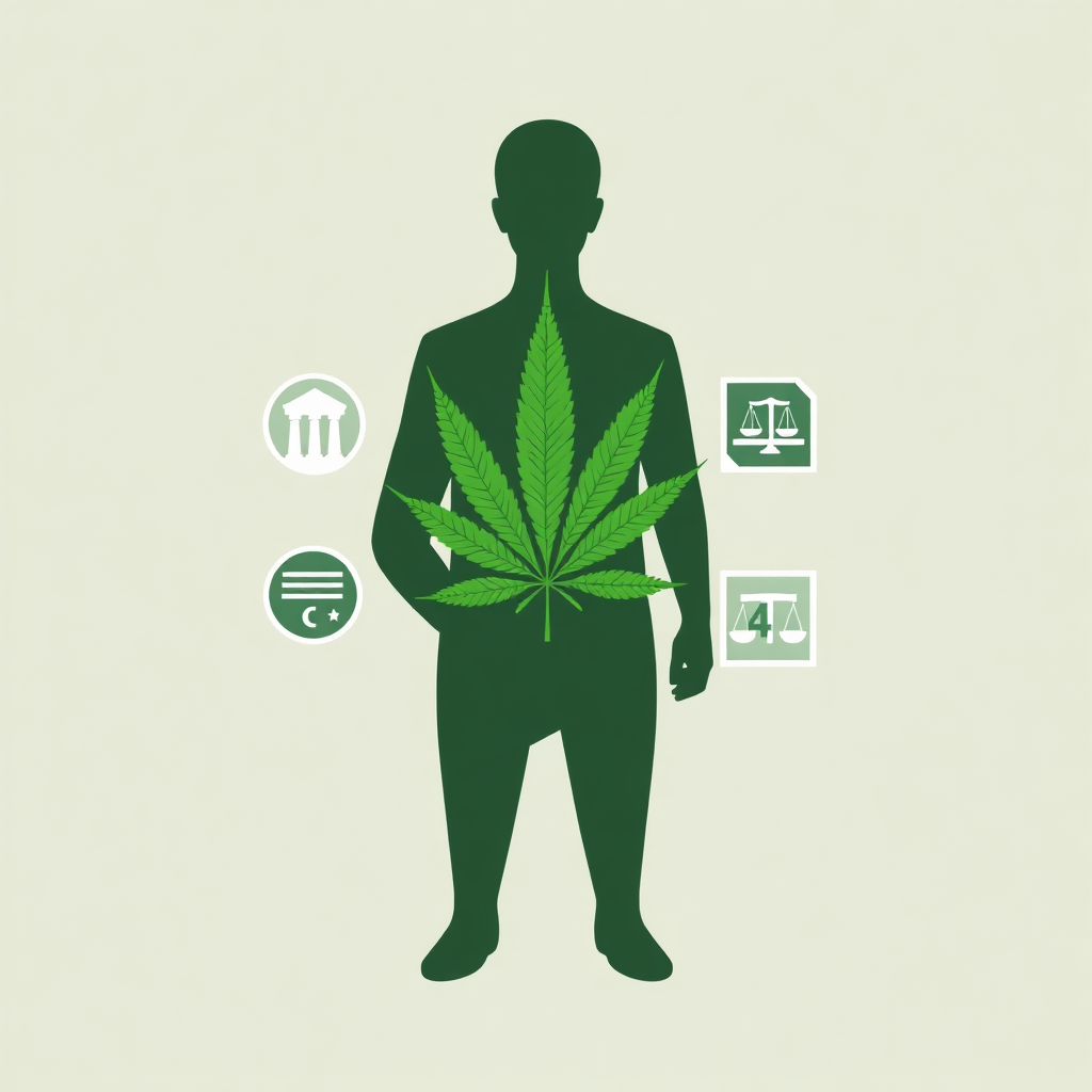 A modern graphic depicting a silhouette of a person holding a cannabis leaf, overlaid with symbols representing consumer rights and legal protections. The color palette should be clean and informative. Technical Specs: 4K, high quality, modern graphic design.