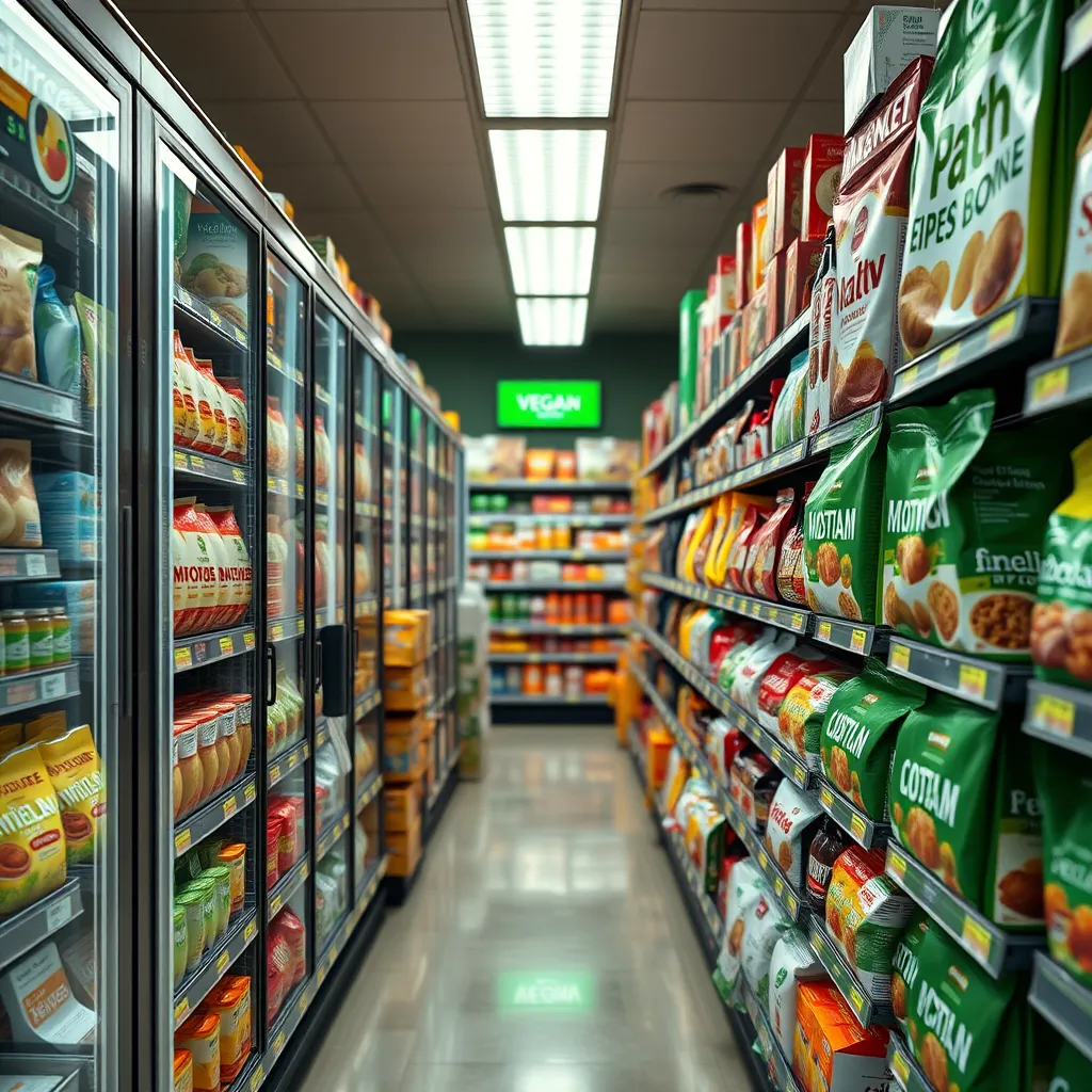 A montage of images showcasing a bustling supermarket aisle with a variety of plant-based products.  Include prominent branding of popular vegan brands like Beyond Meat, Impossible Foods, and Oatly. Focus on the packaging and marketing elements that emphasize health, sustainability, and spiritual benefits.