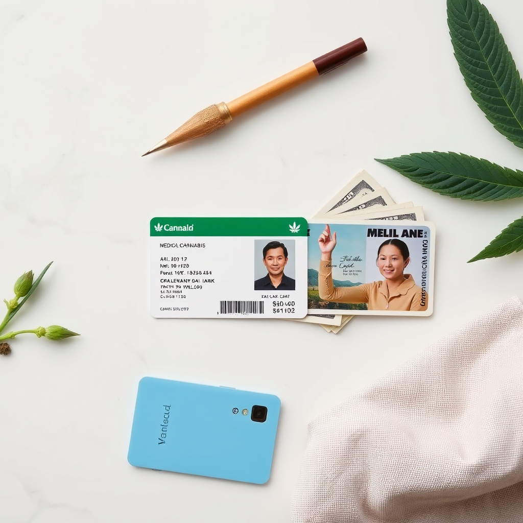 A neatly arranged flat lay featuring a medical cannabis card, a form of photo identification, and cash. The background should be a clean, minimalist surface. Use a soft and natural color palette. Style: Lifestyle photography with a focus on organization and preparation.