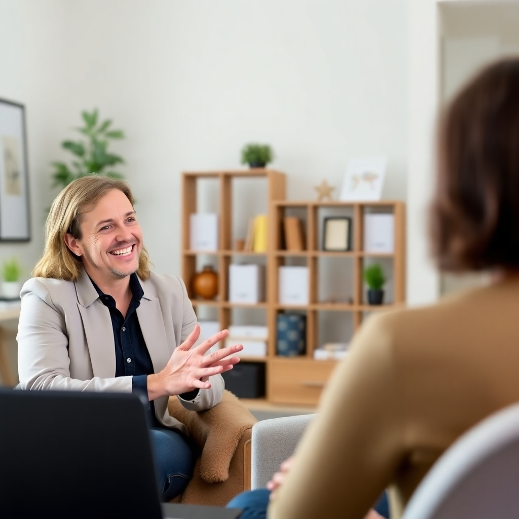 A one-on-one coaching session taking place virtually. The coach is smiling and encouraging, and the client is engaged and focused. The background is a professional home office setting.