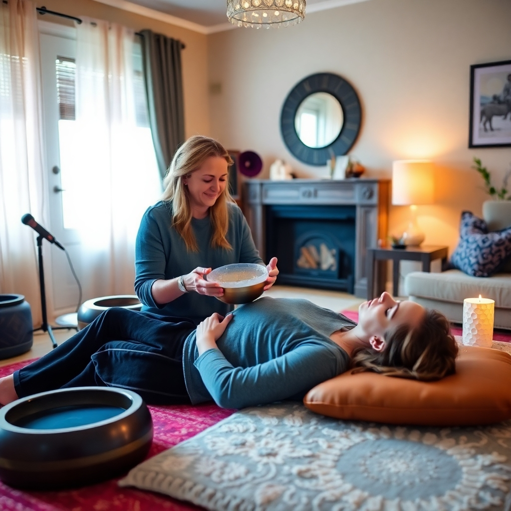 A one-on-one sound healing session with a practitioner using various instruments. The setting is a cozy and inviting room with soft lighting and comfortable furnishings. The practitioner is playing a crystal singing bowl, and the client is lying down, relaxed. The color palette is warm earth tones, with accents of blue and purple. The camera angle is a medium shot capturing the connection between the practitioner and the client.