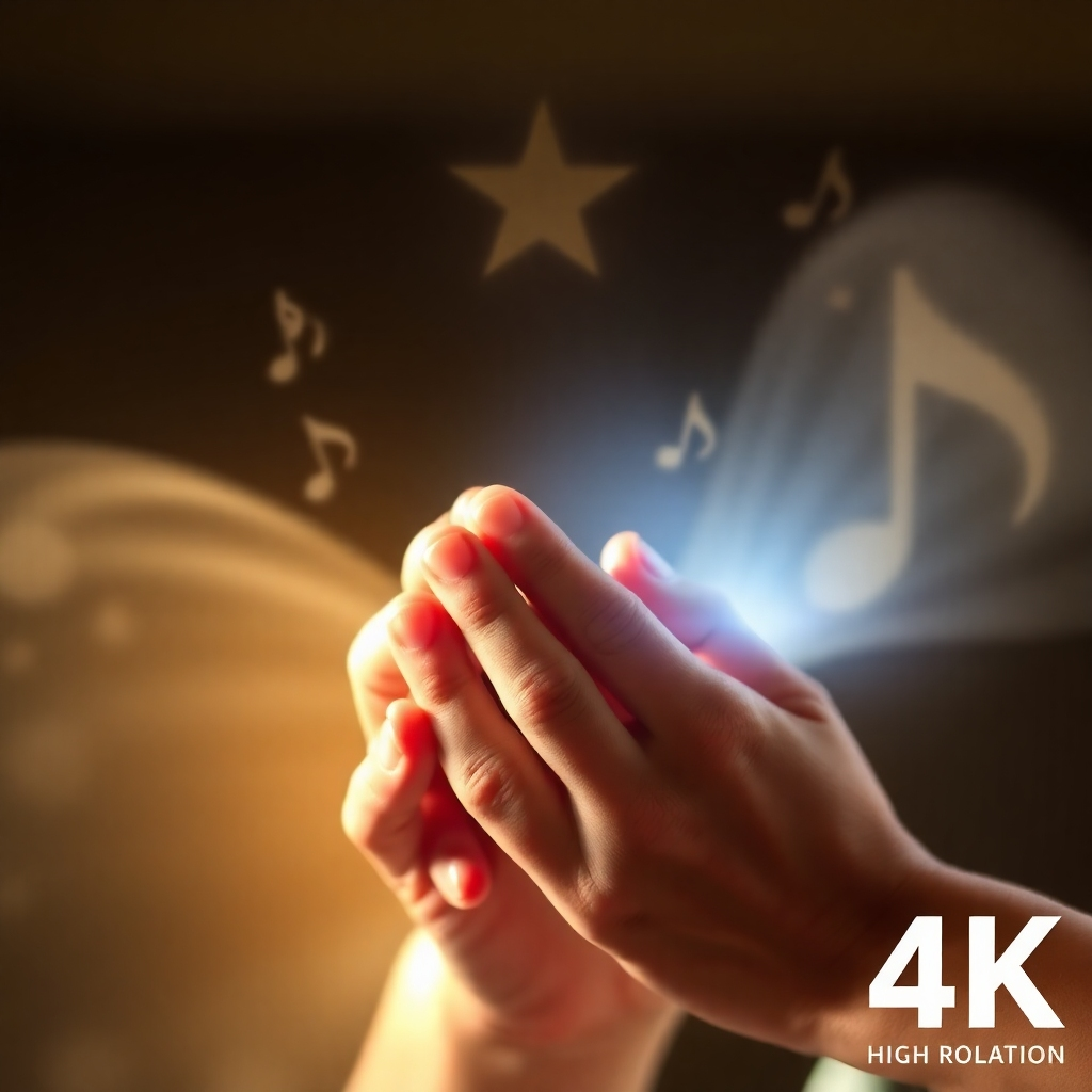 A pair of hands clasped in prayer, bathed in a soft, ethereal light. The hands are surrounded by subtle visual representations of sound waves and biblical symbols, blending seamlessly into the background. The overall feel is reverent and peaceful, conveying a sense of divine presence and connection. 4K resolution, high quality.