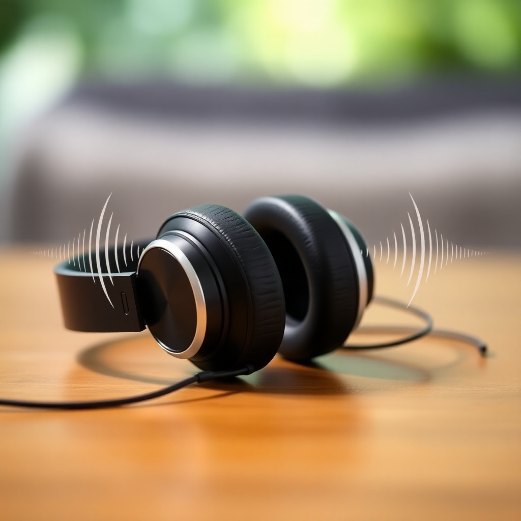 A pair of headphones resting on a wooden surface. Sound waves are visualized emanating from the headphones. The background is blurred with calming green and blue tones. Style: Clean and modern. Technical specs: High-resolution, shallow depth of field.