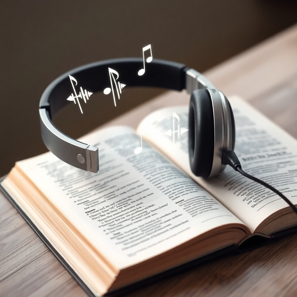 A pair of high-quality headphones rests on top of an open King James Bible, with sound waves visually emanating from the headphones. The background is blurred, creating a sense of focus on the audio experience. Style: Photorealistic, modern, 4K resolution.