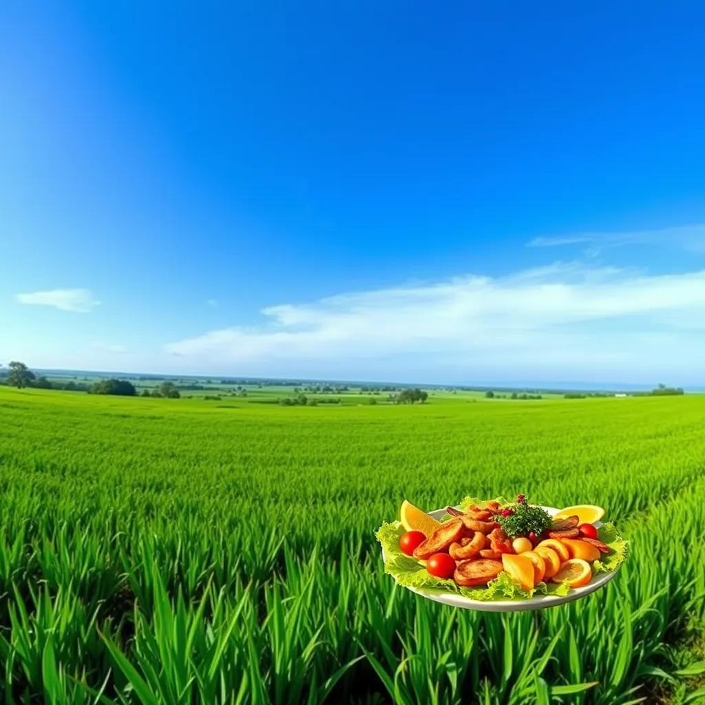 A panoramic photo of a lush green field with a clear blue sky, highlighting the beauty of nature and its preservation. In the background, a subtle image of a person eating a delicious vegan meal, emphasizing the connection between veganism and environmental sustainability.