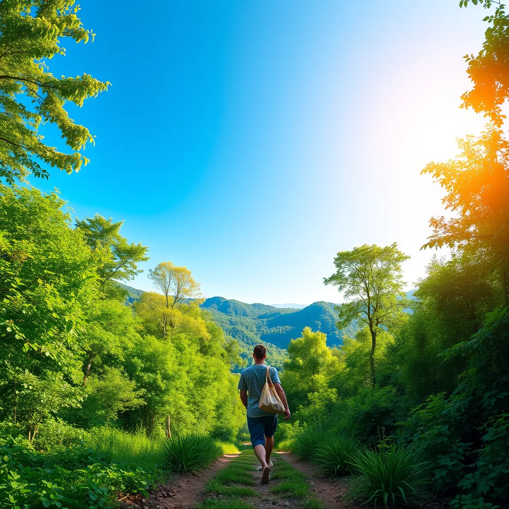 A panoramic view of a lush green forest, with a vibrant blue sky above. The image should convey the idea of a sustainable lifestyle and the positive impact of veganism on the environment.  In the foreground, a person is walking on a forest path, holding a bag of fresh produce, signifying a connection to nature and healthy eating.