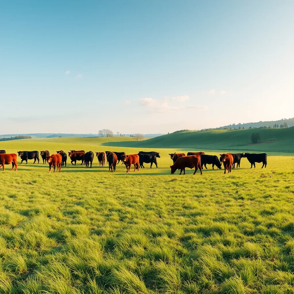 A panoramic view of a serene, green pasture with a herd of cattle grazing peacefully. The image should depict the natural setting of grass-fed beef production, highlighting the harmonious relationship between livestock and the environment.