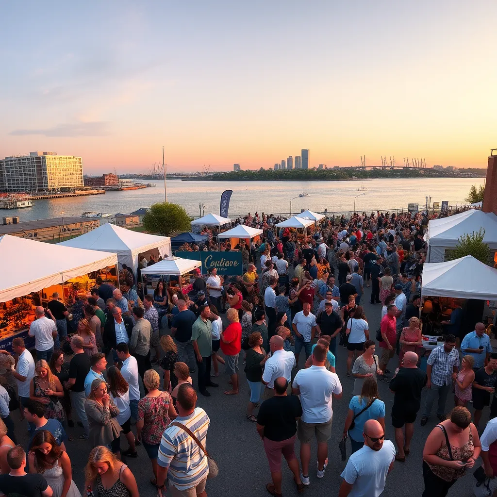 A panoramic view of the Town Point Wine Festival, with the Norfolk Waterfront as the backdrop. The image showcases a diverse crowd enjoying the festival's attractions, including food vendors, live music, and a relaxed atmosphere. The overall message is one of celebration, community, and finding balance in life.